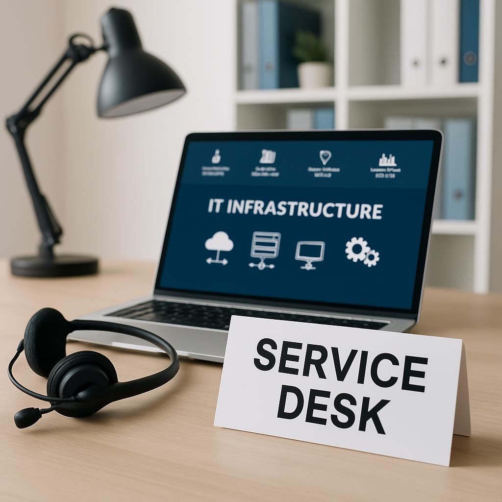 Laptop en escritorio con cartel de Service Desk