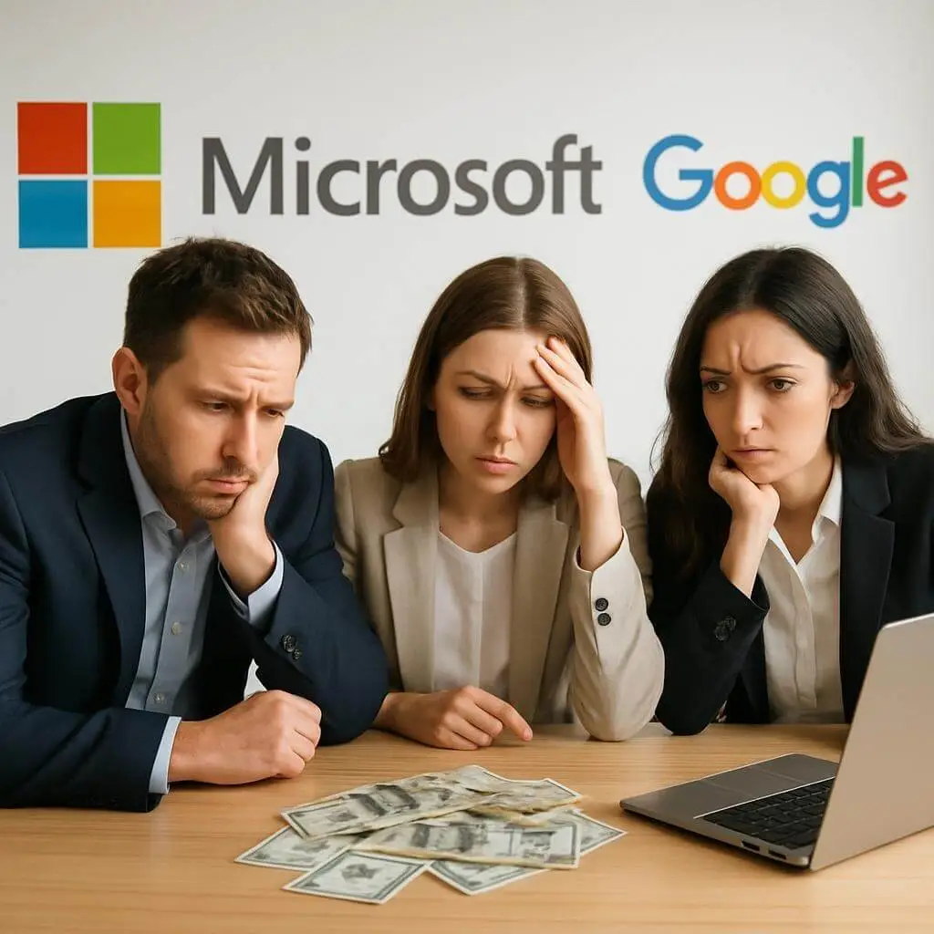 Personas analizando costos tecnológicos y preocupadas por la inversión en TI.