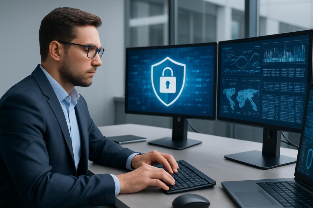 Persona frente a equipo de computo, monitoreando temas de seguridad