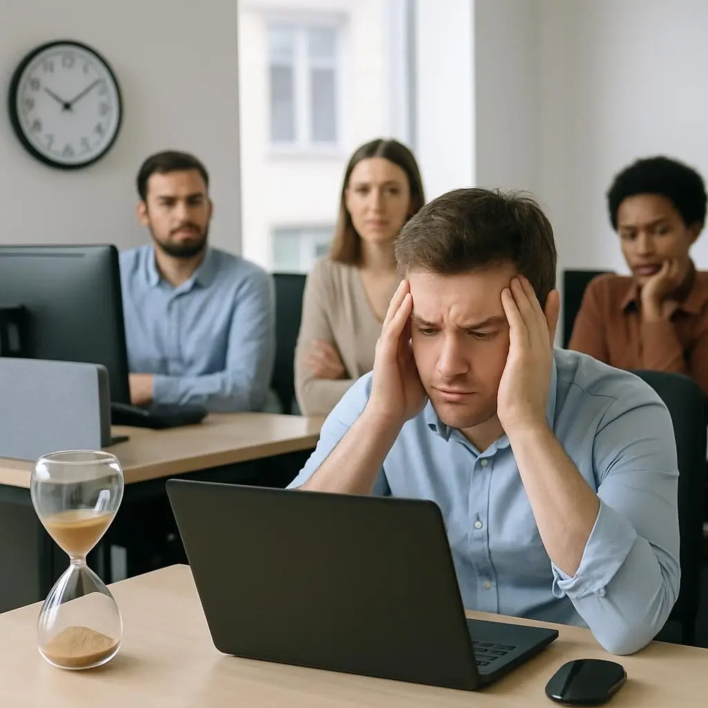 Equipo de trabajo enfrentando retos tecnológicos en la oficina.